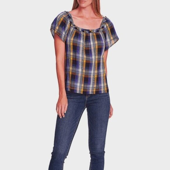 VINCE Camuto New Blue Plaid Top BNWT Short Sleeve - Picture 2 of 8